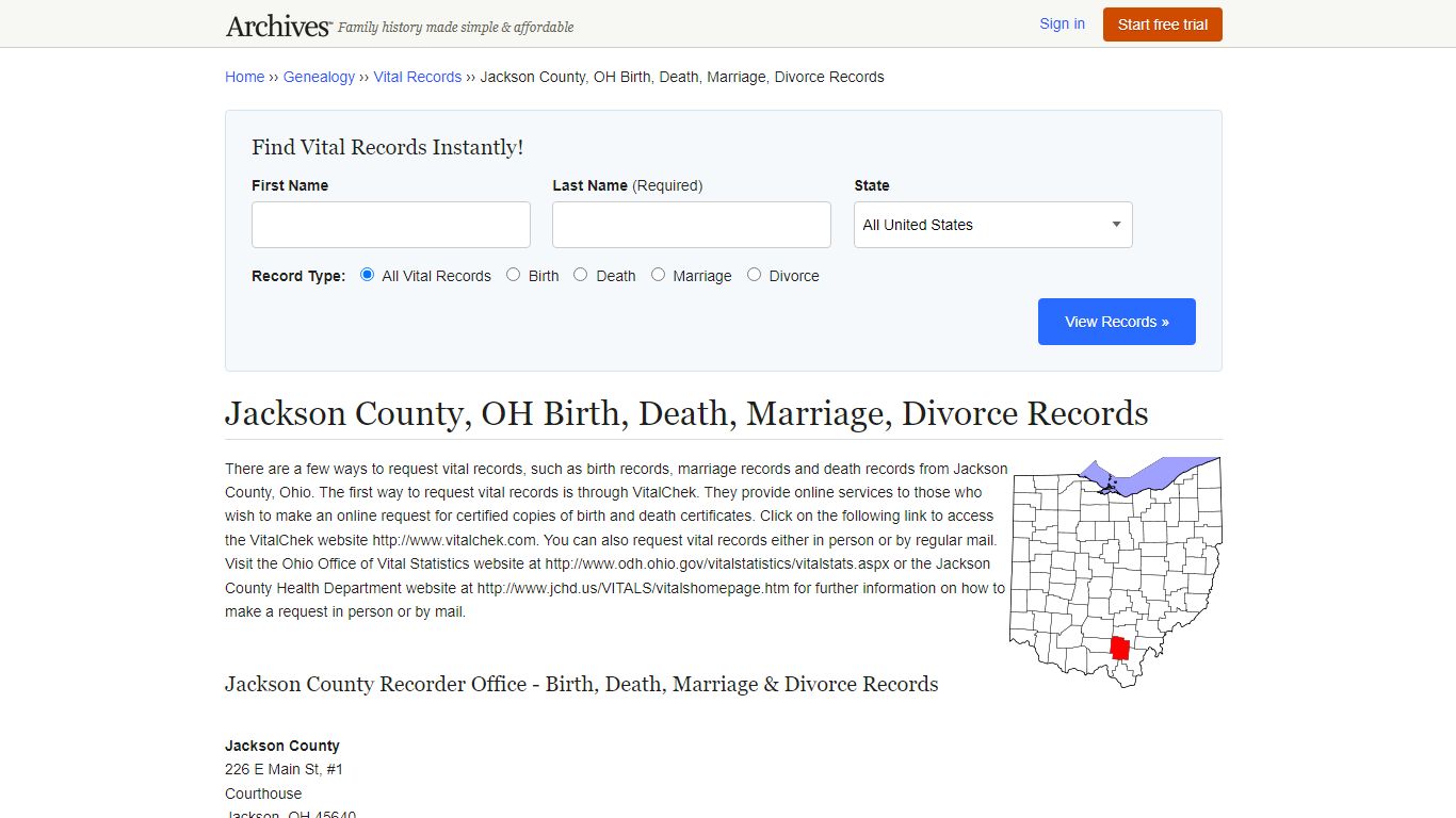 Jackson County, OH Birth, Death, Marriage, Divorce Records